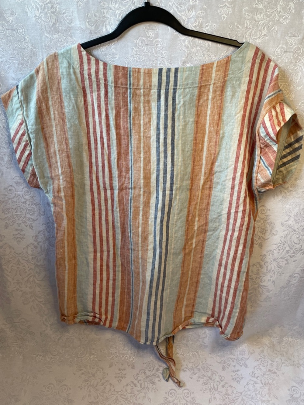 NWOT LL BEAN Striped Tie-Front Linen Blend Top - Blue, Rust, Cream, Tan - Picture 2 of 4